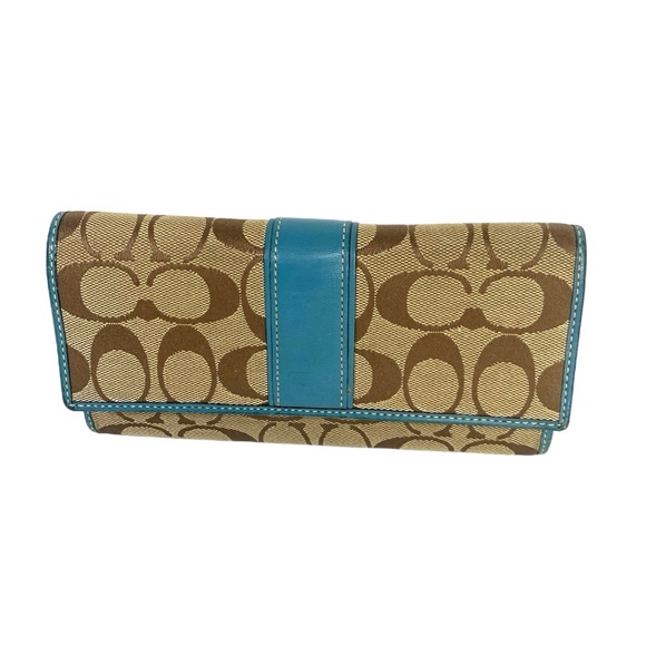 Coach Handbags - Coach Signature Canvas Checkbook Wallet Tan Brown Bleu Leather Trim